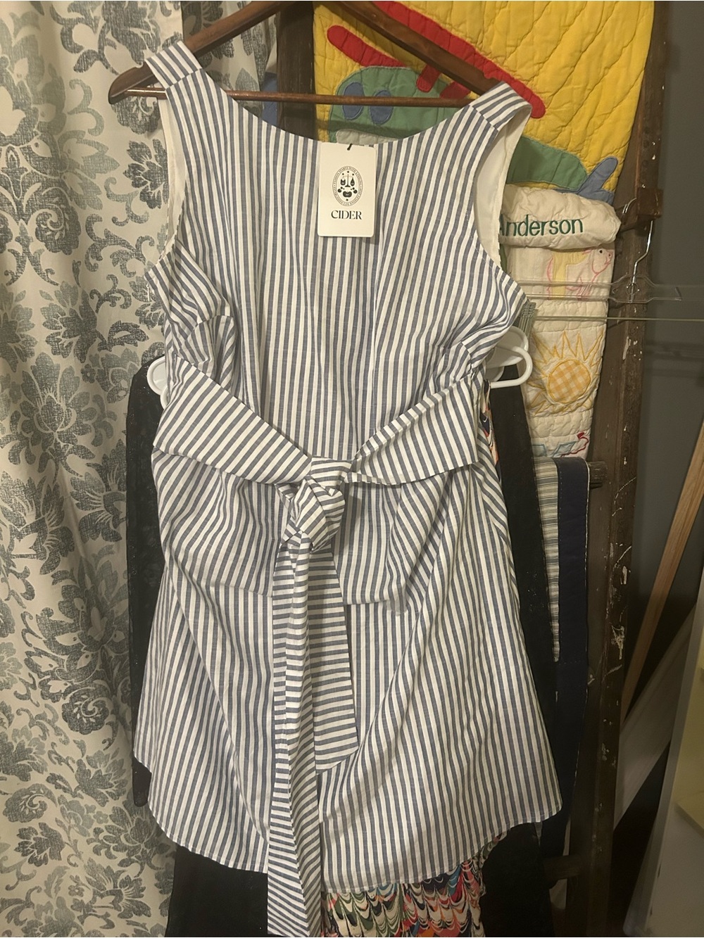 Cider Blue and White Striped Tie-Waist Mini Dress